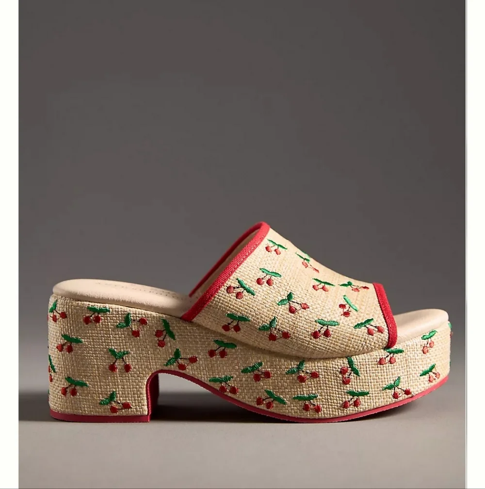 Matisse Anthropologie Embroidered Cherry Cork Platform Wedge Slide Sandals Terry